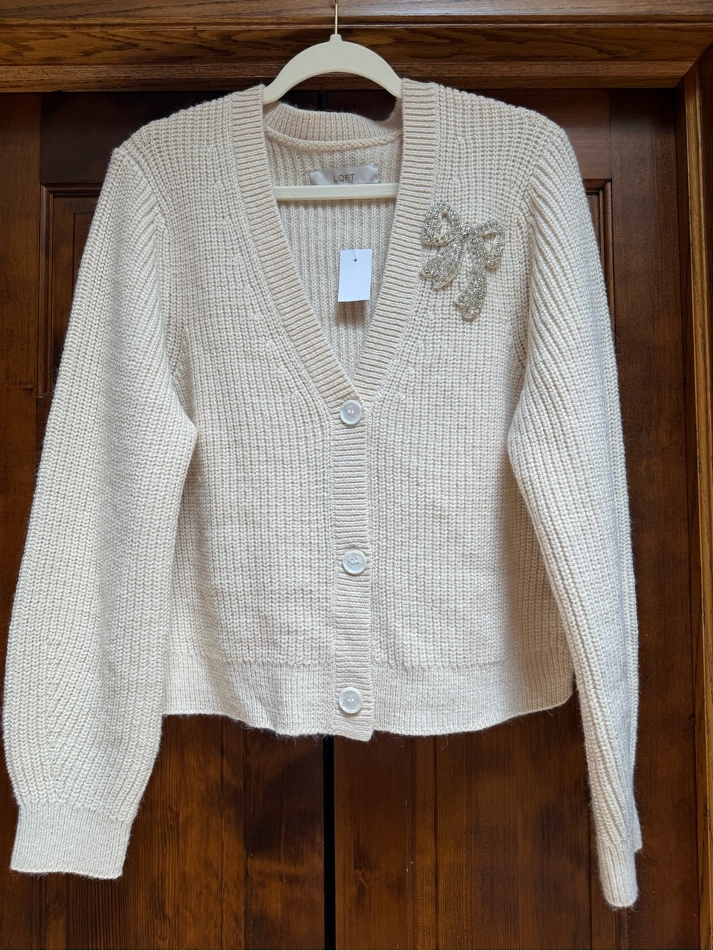 LOFT Ivory V-Neck Button Cardigan with Beaded Bow Accent